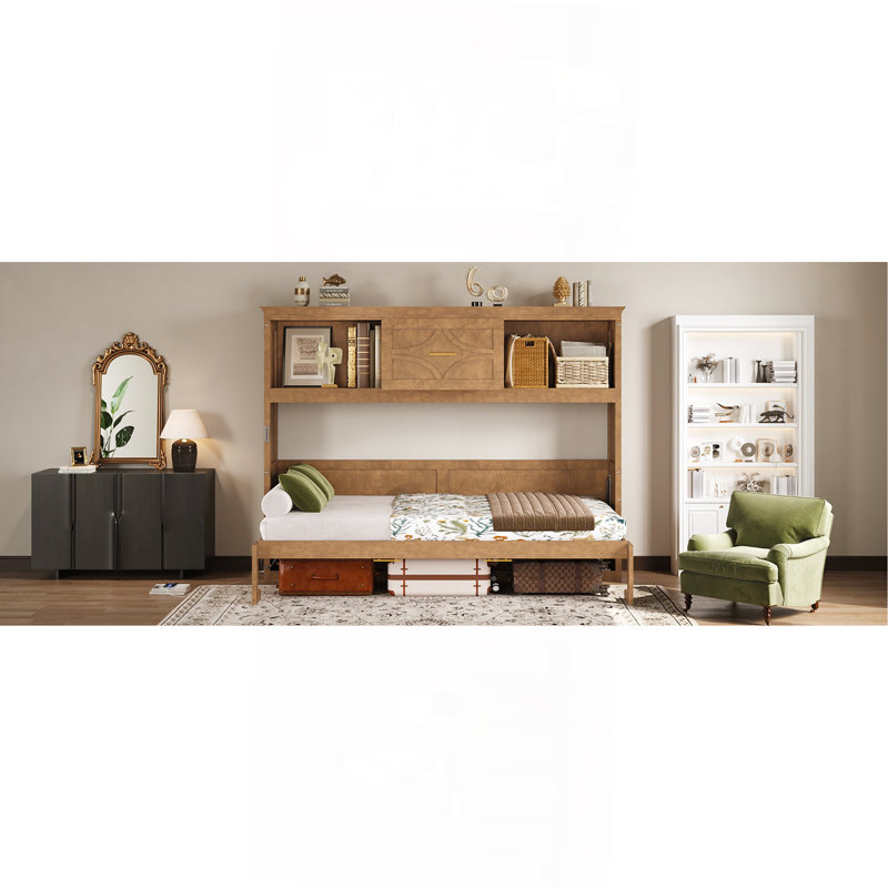 Lit escamotable simple avec station de charge et tiroir, couleur bois, Bois