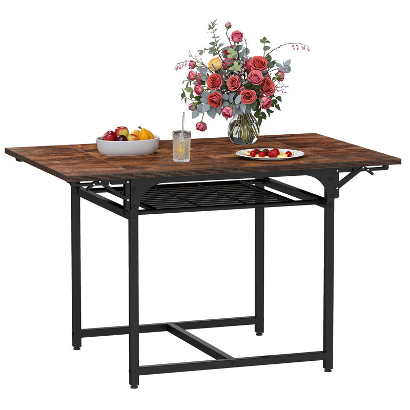 Extendable Unfinished Metal Base Dining Table, Black, Brown