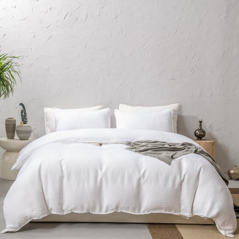 French Linen Duvet Cover Set – Stonewashed Soft & All-Season Comfort, Queen Duvet Cover + 2 Standard Shams, White