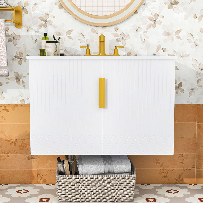 Modern Wall-Mounted Bathroom Vanity with Adjustable Storage & Sink, White/White