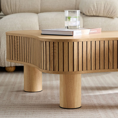 Table basse cylindrique moderne en bois de 42,52 pouces fabriquée à la main de forme irrégulière pour le salon, petite table basse avec piédestal robuste