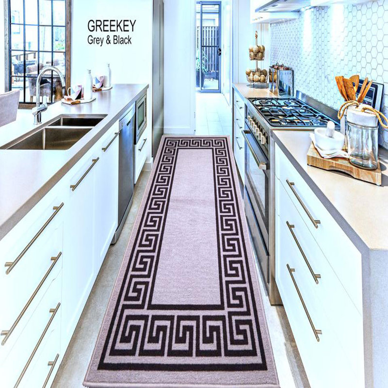 Greek-Key Grey Black Non-Slip Polypropylene Area Rug — Washable Door Mat & Hallway Runner for Living Room, Kitchen & Bedroom