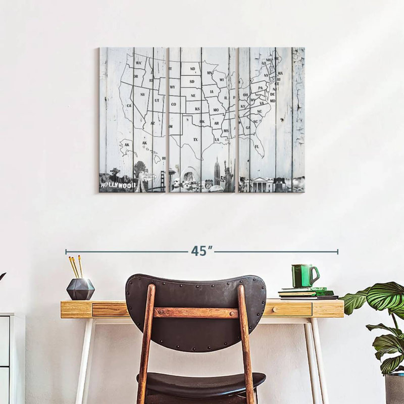 Carte des États-Unis en bois blanc, carte des États-Unis sur toile, 3 pièces, H 38 po x l 24 po x P 1 po
