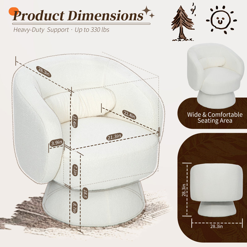 Modern Upholstered Cozy 360° Swivel Accent Barrel Chair With Throw Pillow, Cream White Boucle