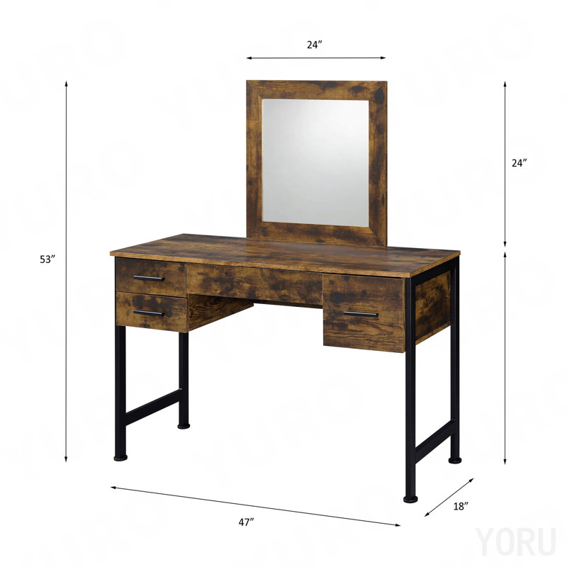 Rustic Oak & Black Finish Vanity Desk & Mirror