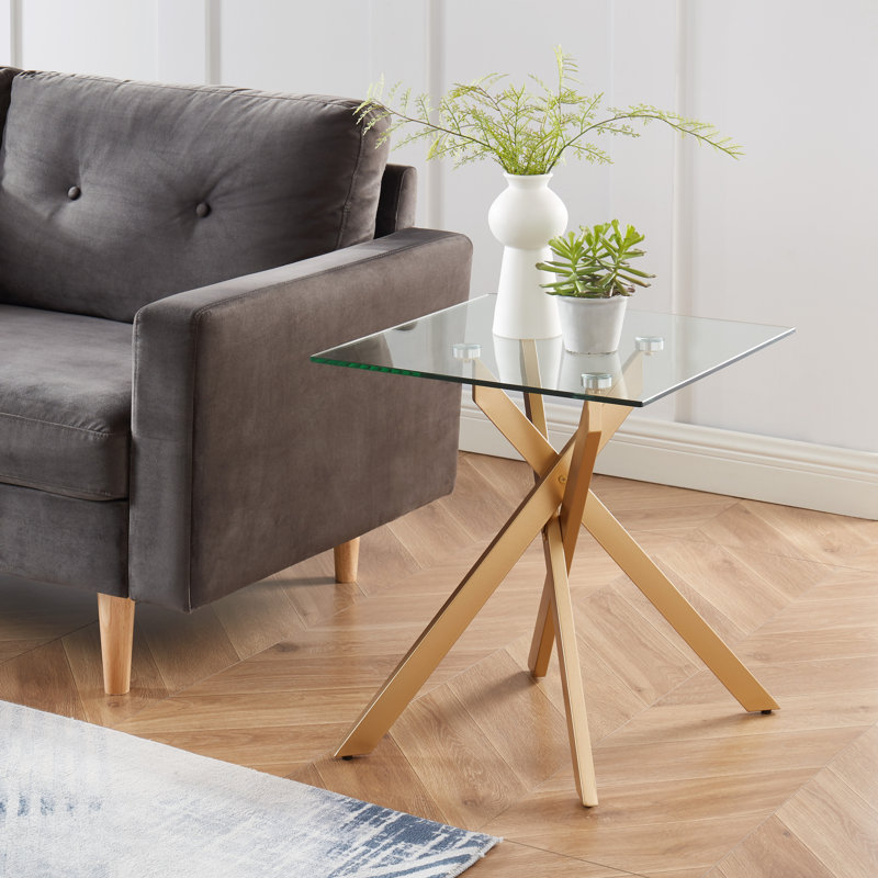 Square End Table With Glass Top, Gold