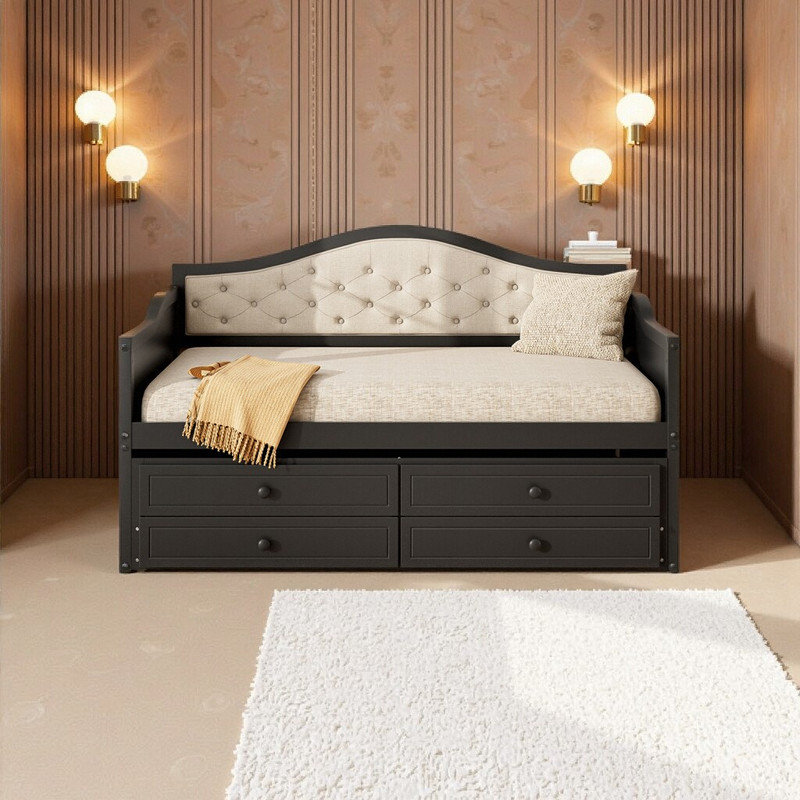 Twin Daybed with Trundle and Storage Drawers, Upholstered Button Tufted Sofa Bed for Guest Rooms, Black
