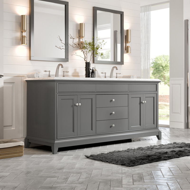 Gray Marble Double Sink Freestanding Bathroom Vanity