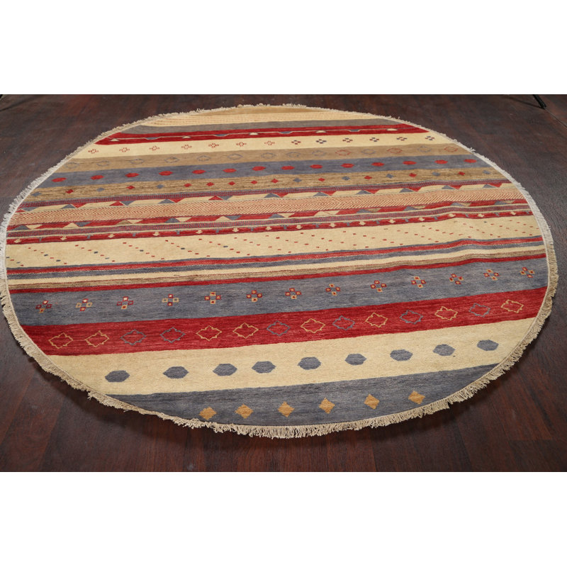 Tapis décoratif en laine ronde rouge/crème/gris de conception unique 7 pi 7 po noué à la main New Age
