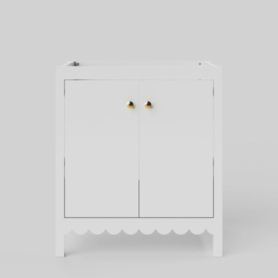 Scalloped 30 Inch Single Bowl Vanity - White - No Top - Gold Knobs