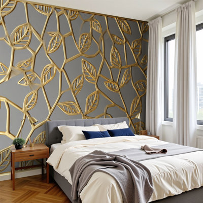 Peel and Stick Wallpaper 96" W x 69" H Modern Self Adhesive Wall Mural for Bedroom 3D render gold lattice modern
