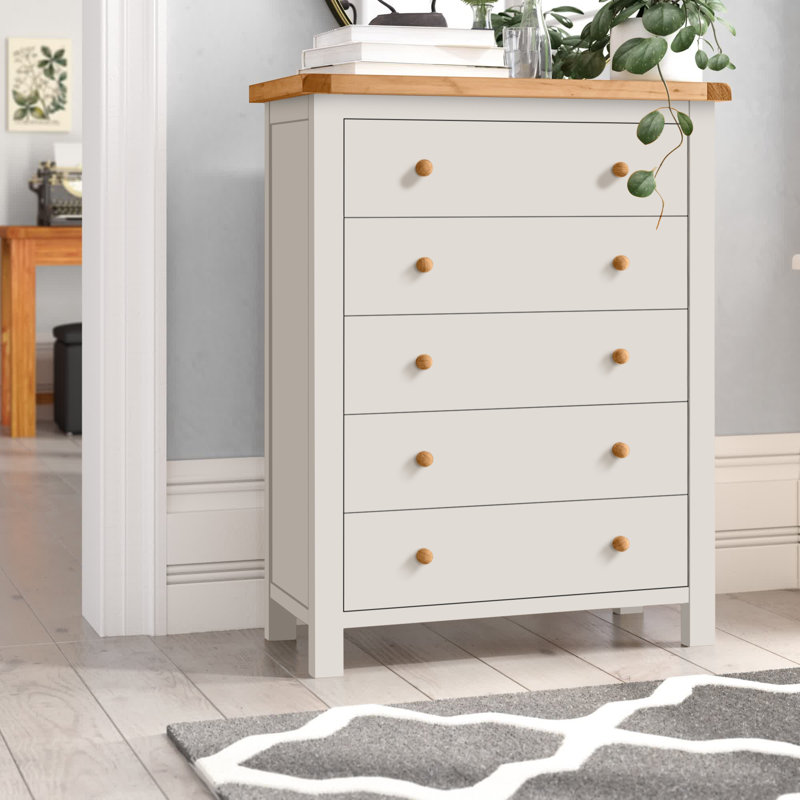 Pompey 5 Drawer 90Cm W Solid Wood Chest Of Drawers, Off-White