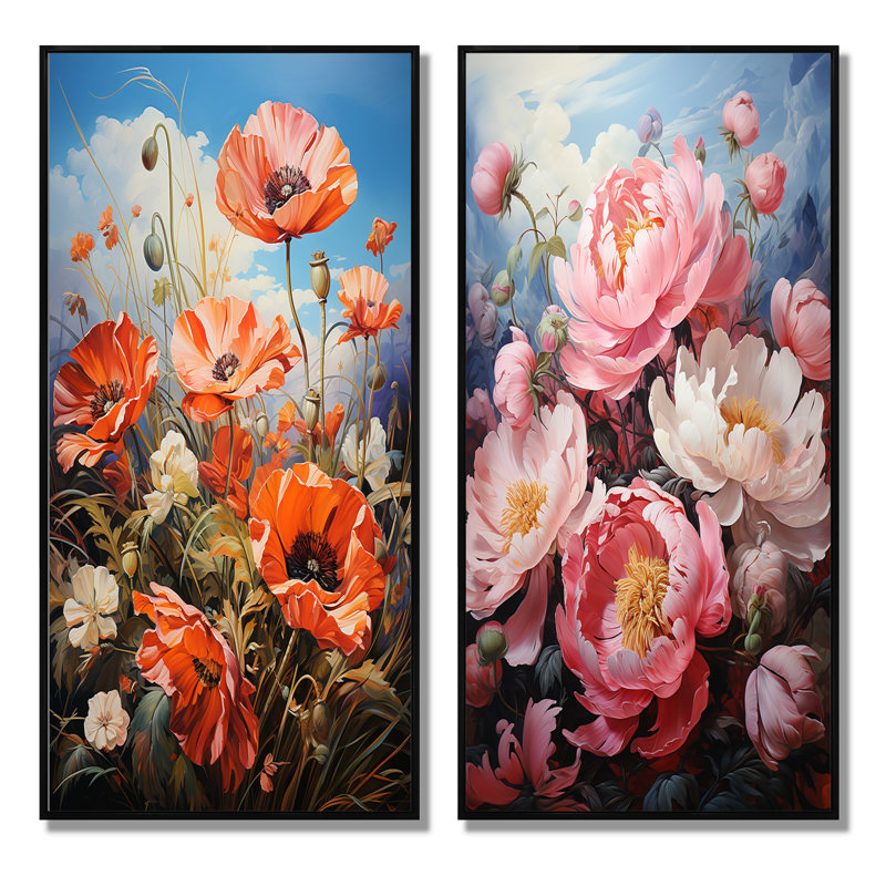 «Meadow Poppy Peony Paradise» 2 - pièces sur, Cadre noir, H 40 po x l 40 po