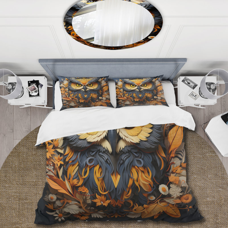 Ensemble de housse de couette en hibou jaune, Housse de couette pour grand lit et 2 taies décor