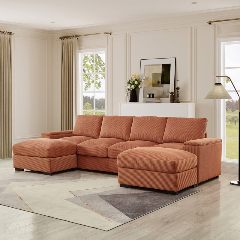 Canapé modulaire à assise profonde avec repose-pieds, canapé-lit en velours côtelé, Orange