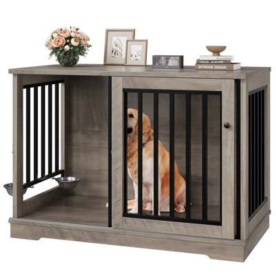 47.2''W Sturdy Large Dog Crate Furniture, Heavy Duty Iron Kennel with 2 Feeding Bowls