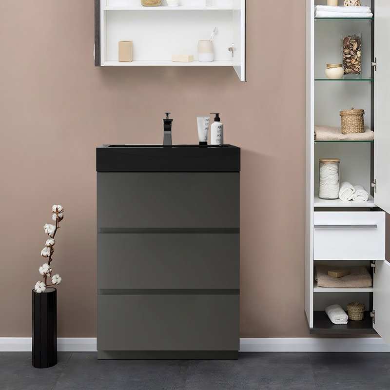 Meuble-lavabo simple autoportant 24 po avec plateau en résine 24 po, gris
