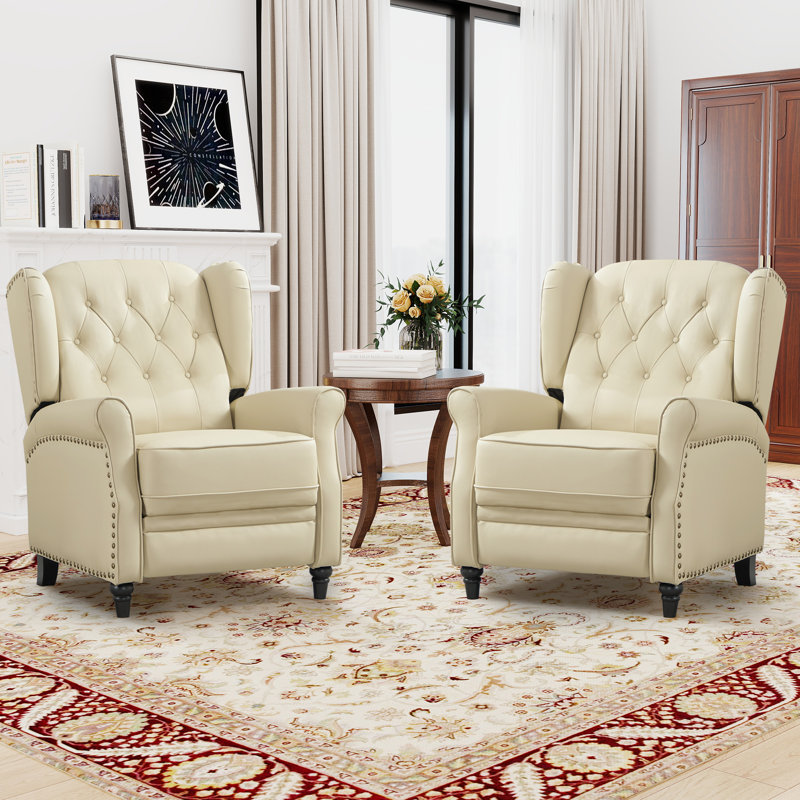 31.1" Wide Classic Top Grain Leather Push Back Recliner With Wingback Design（Set Of 2）, Cream Beige