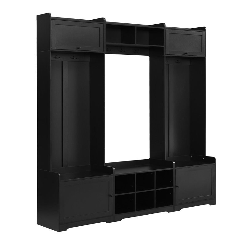 79.1''Wide Modern Hall Tree With Shoe Storage, 4-In-1 Entryway Bench With 8 Cubbies, 7 Coat Hooks & Adjustable Shelf For Hallway, Living Room, Black
