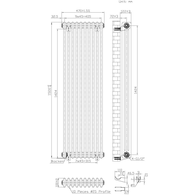 Standard Radiator, Clear, 59cm H x 18cm W x 4cm D