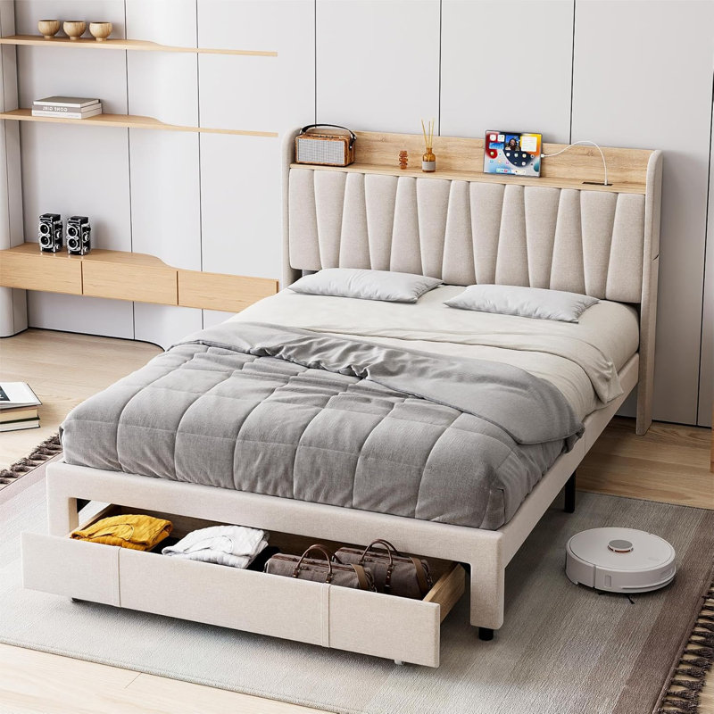 Base de lit, tête de lit et station de charge, Double, Beige