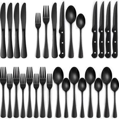 Ensemble de couverts 24 pièces avec couteaux à steak, ensemble de couverts noirs pour 4 personnes, ensemble de couverts en acier inoxydable de qualité alimentaire, ensemble d'ustensiles à finition miroir pour restaurant à domicile
