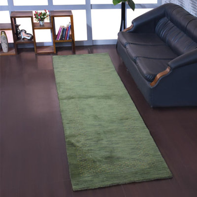 Tapis Cecilio en laine nouée à la main, écologique - Tapis de couloir, couleur verte, design moderne et contemporain, épais et antidérapant, fait main, pour salon et chambre.