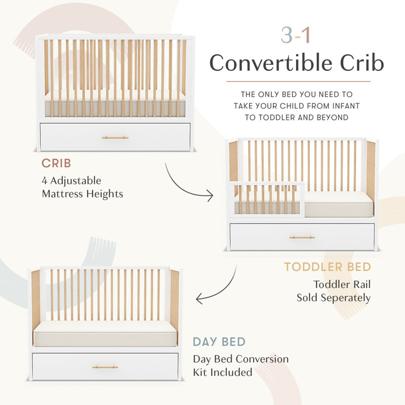 HushCrib 3-in-1 Convertible Crib with Trundle, Toddler Bed, Daybed, White / Natural