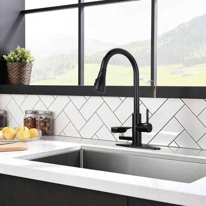 Robinet de cuisine à affichage numérique de la température à un trou avec douchette extractible Robinet d'évier de cuisine à poignée simple Robinets de lavabo en acier inoxydable avec rinçage en verre