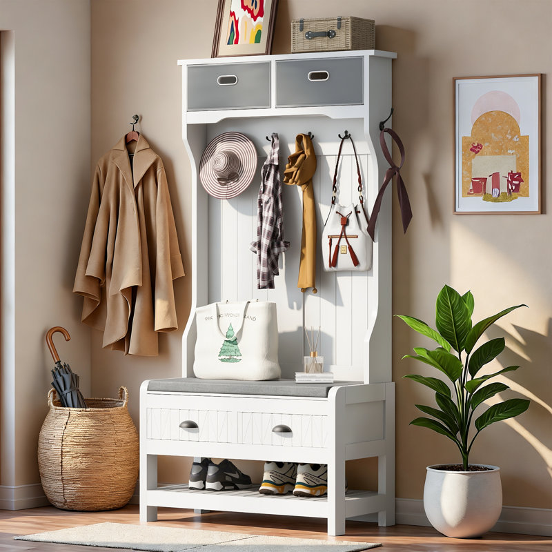 16.5" W Hall Tree With 6 Hooks And Drawers
