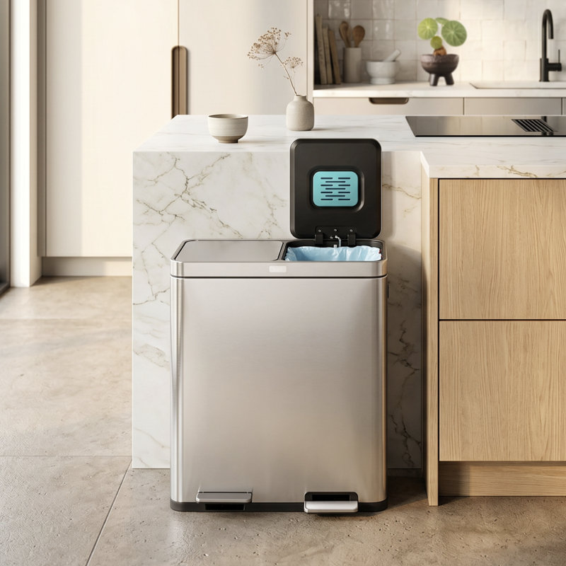 Poubelle à recyclage double en acier inoxydable 16 gallons avec contrôle des odeurs CleanAura et couvercle à fermeture en douceur Home Zone Living