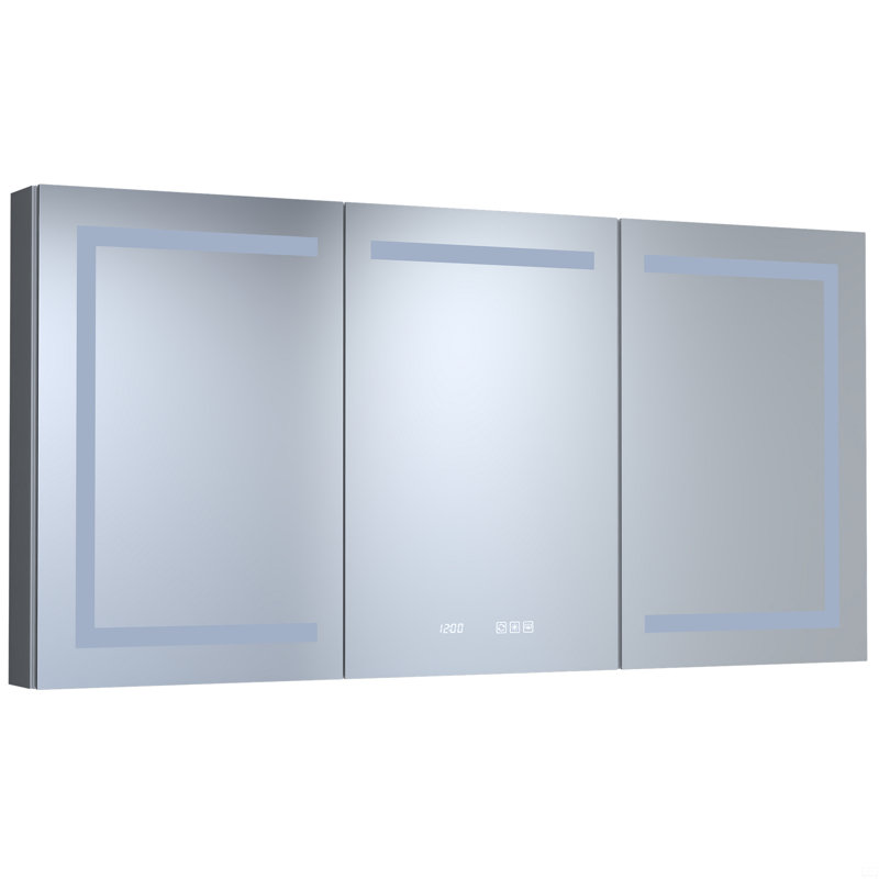 60 po L 30 po H Pharmacie rectangulaire en aluminium argenté encastré / à fixation en surface avec miroir DEL et horloge