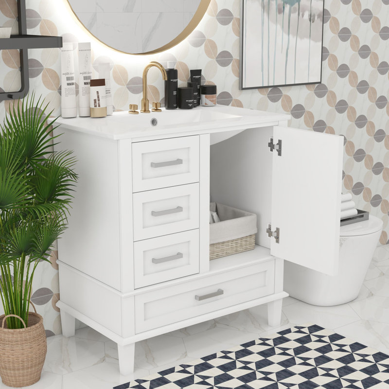 Meuble-lavabo avec rangement, Argent argent, Blanc, 30"