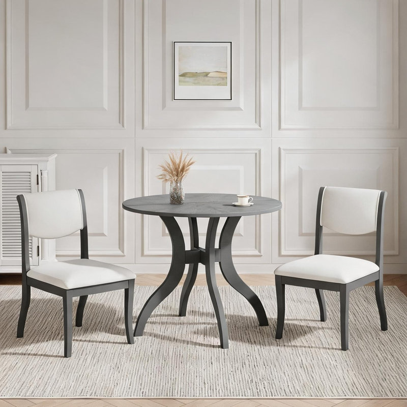 Ensemble de salle à manger rembourré en tissu et en bois massif avec table ronde de ton gris, 39,4 po, sièges 4