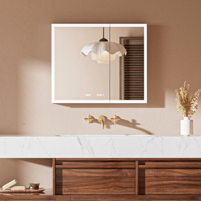 Armoire à pharmacie de salle de bain éclairée de 42 po x H 30 po avec miroir, cadre en alliage d'aluminium, éclairage à intensité variable et réglage de la couleur, anti-buée, tablettes réglables avec douilles et supports
