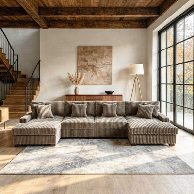 4 - Piece Upholstered Light Brown Faux Rabbit Fur Flannel Modular Sectional Sofa with Armrests & Throw Pillows
