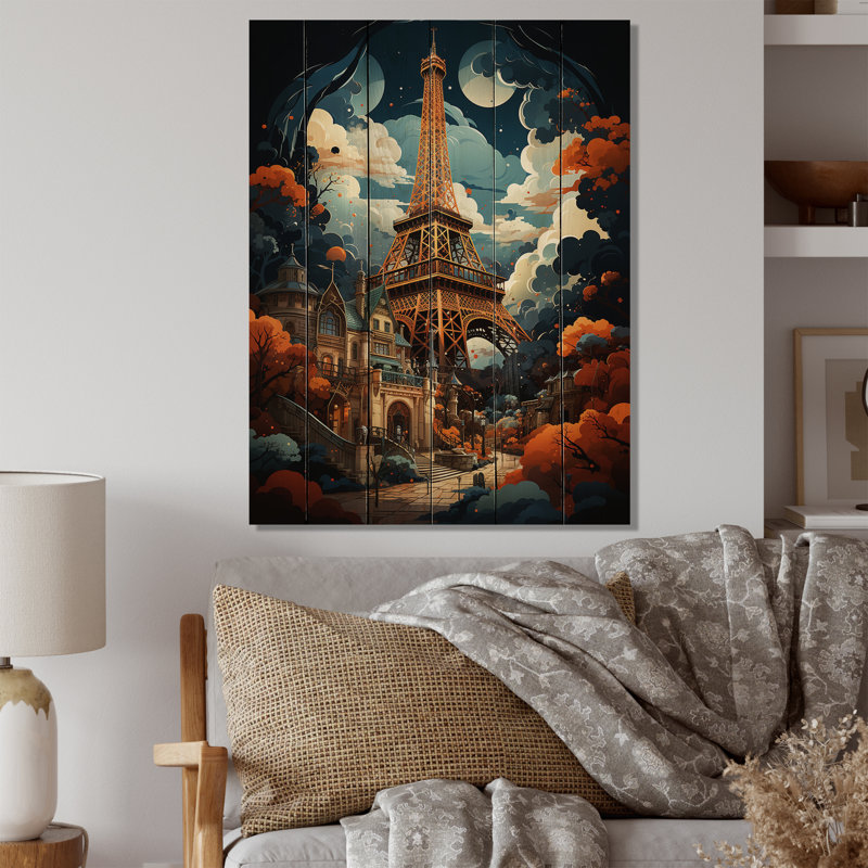 La tour Eiffel suralisme I - impression de paysages urbains sur bois de pin naturel, H 32 po x l 24 po x P 0,78 po
