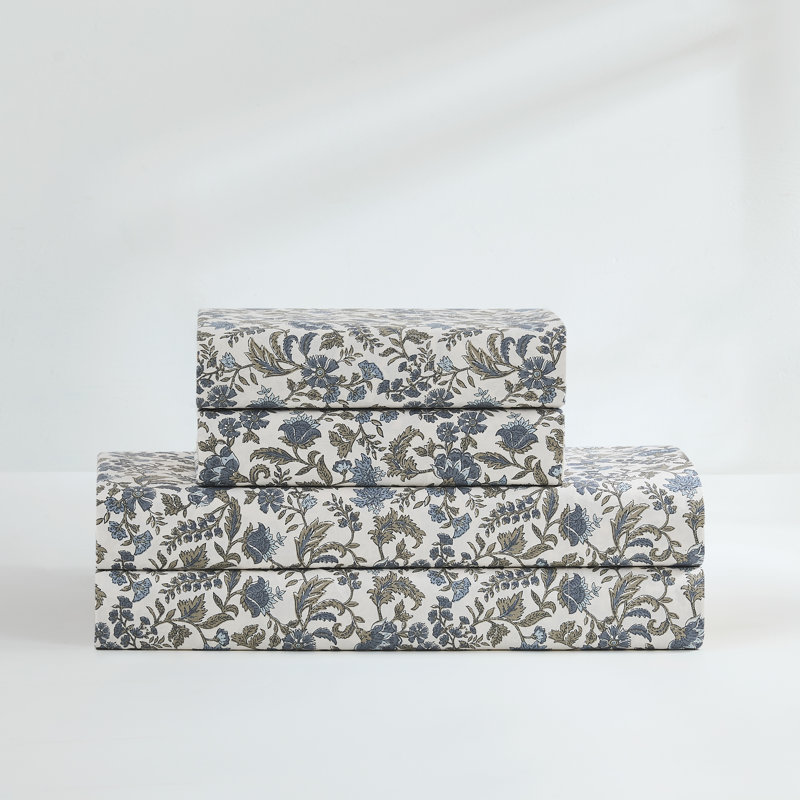Lillian Block Print Cotton Sheet Set Blue, King Sheet Set with 2 Pilowcases