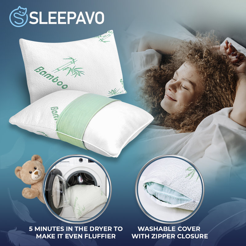 Queen Size Cooling Memory Foam Bamboo Bed Pillows - 4 Pack