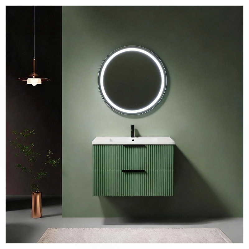 Meuble-lavabo 30 po avec lavabo en céramique - Meuble-lavabo flottant mural vert avec tiroirs, moderne