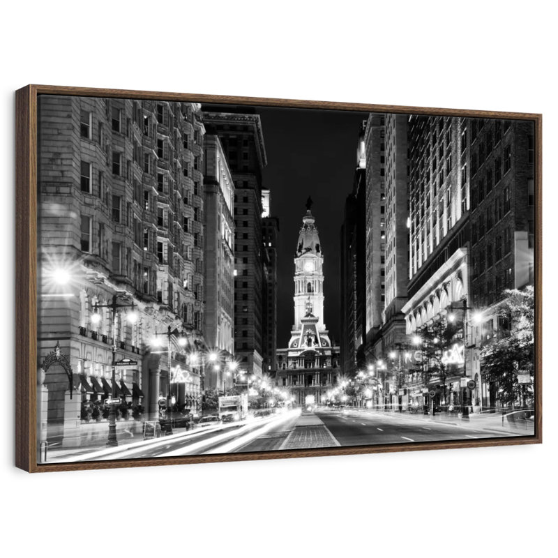 City Hall Philadelphia BW, 13" X 9", Floating Frame Walnut
