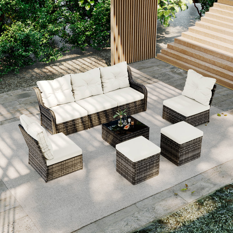Louann Five-person Group Outdoor Wicker Set With Wicker Coffee Table And Two Ottomans, Beige, Gray Brown