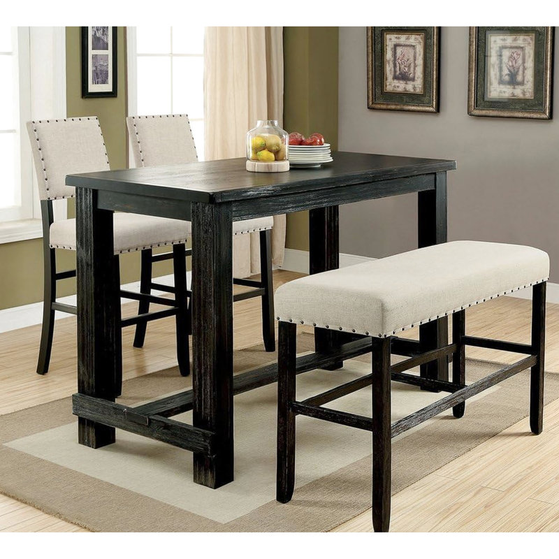 Table de comptoir rustique en bois massif, noir antique, repose-pieds confortable en grain de bois, salle à manger