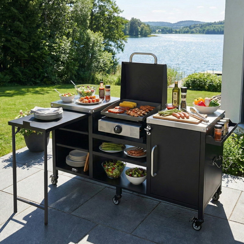 Grande table de barbecue 72,4 "pour Big Green Egg - Îlot de cuisine extérieur en métal avec table de préparation pliable, tablettes réglables et support à épices