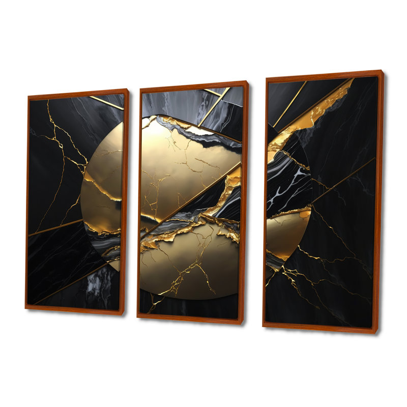 «Abstract Geode Gold III», reproduction de 3 pièces, H 32 po x l 48 po, Brun
