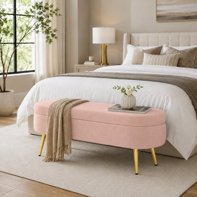 Modern Flannel Upholstered with Metal Legs Oval Storage Ottoman for Bedroom and Entryway