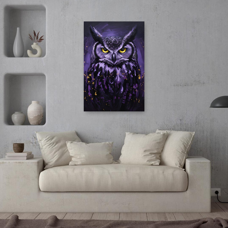 Majestic Purple Owl Abstract Contemporary Bird Owl Violet Forest Wall Art Print 1 Piece Wrapped Canvas Wall Art