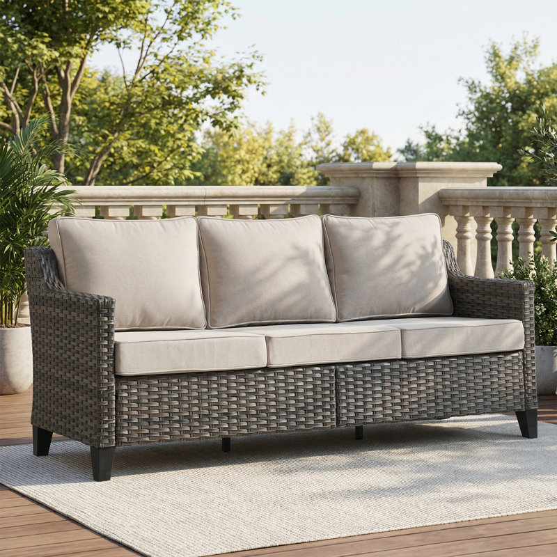 Arlene All-Weather Outdoor Patio Wicker Sofa With Thick Cushion, Beige