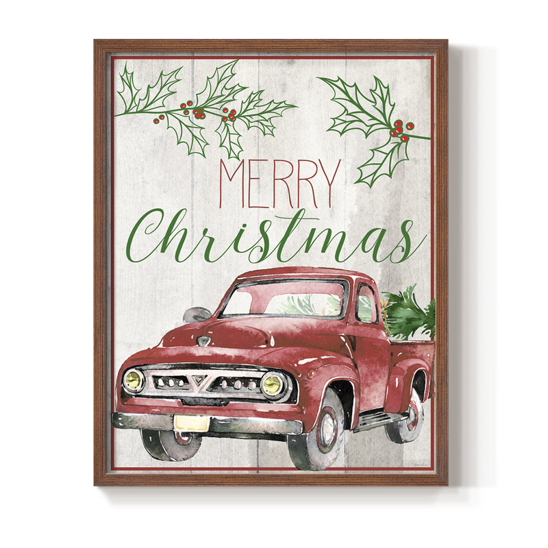 Merry Christmas - camion rouge, reproduction encadrée - bois massif, H 11 po x l 9 po, Noyer