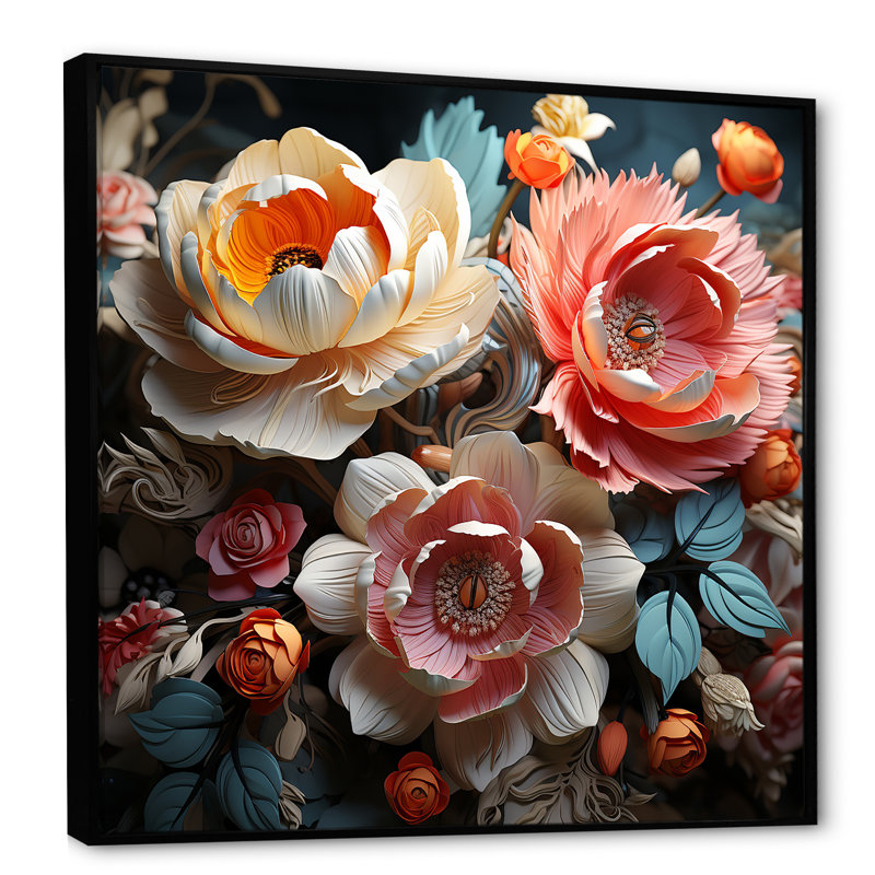 Cubiste en papier Bouquet Rose Grace, Cadre flottant noir, H 30 po x l 30 po x P 1 po